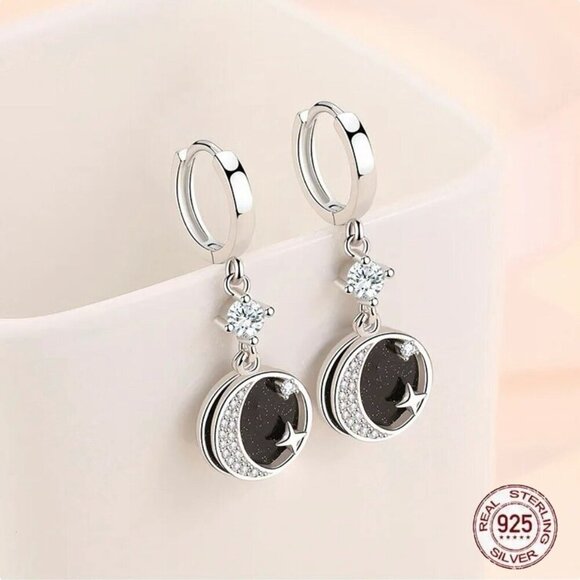 NWT Star Moon Dangle Drop Earrings S925 Sterling Silver CZ Enamel Celestial - Picture 7 of 10